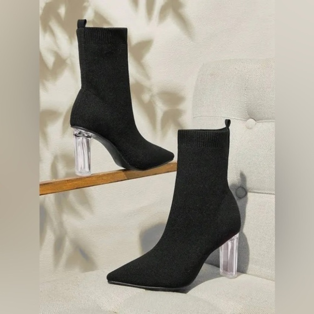 Women's Pointy Toe High Block Heel Elastic Knit Ankle Boots